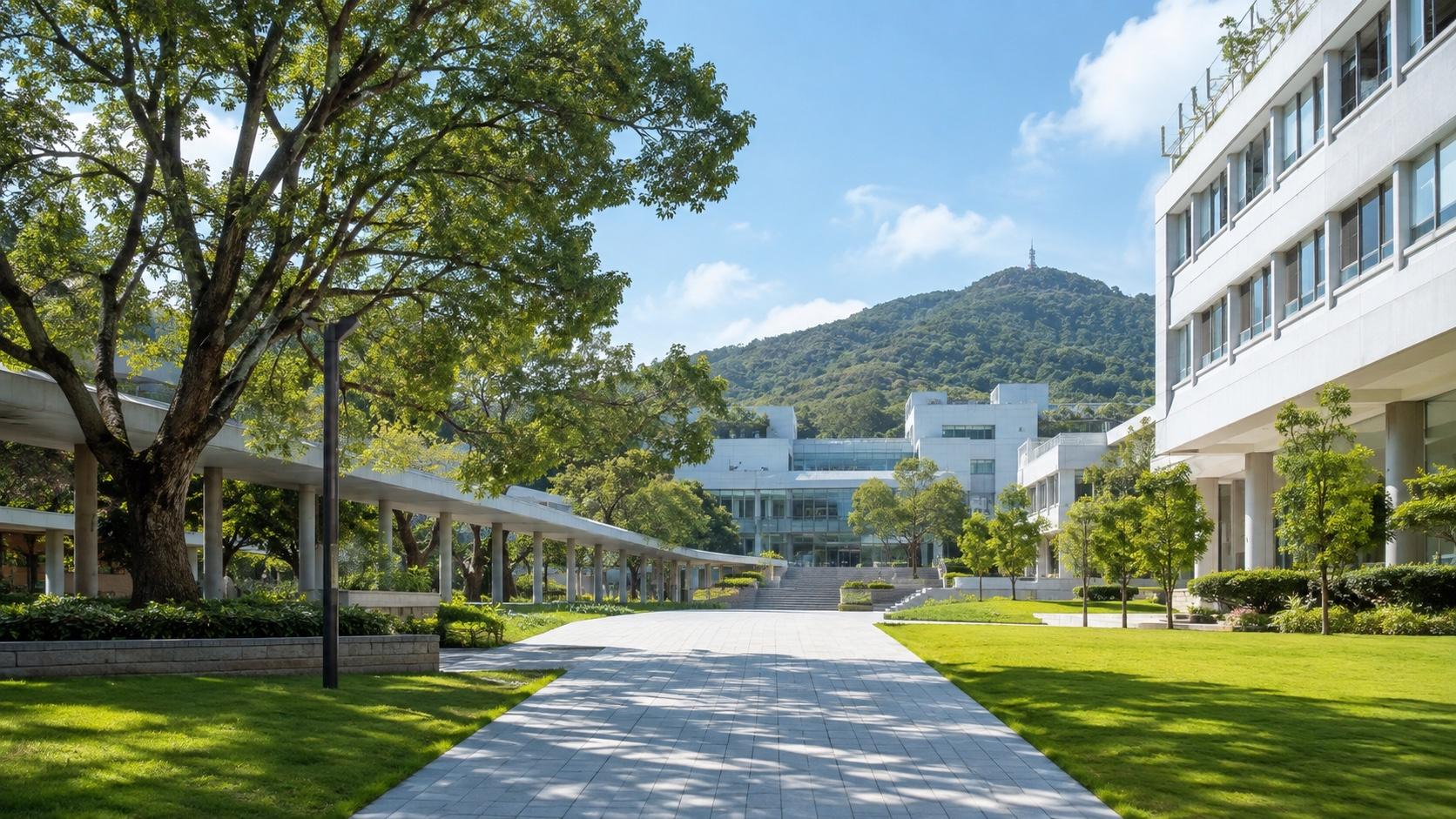 綠樹與教學樓環繞的開放大學校園